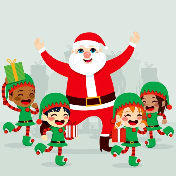 Święty Mikołaj Małymi Pomocnikami Elfy Tańczące Wokół Przygotowujące Prezenty Dostarczenia — Wektor stockowy