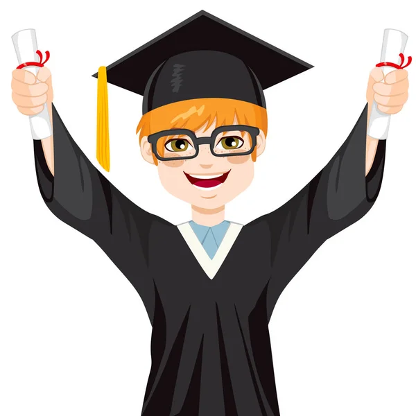 Happy Red Haired Nerd Student Boy Graduation Day Holding Two — Stock Vector