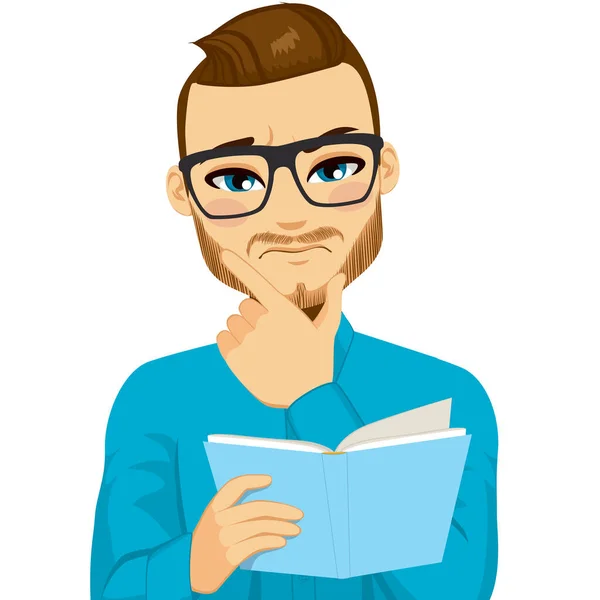 Attractive Brown Haired Man Glasses Focused Reading Interesting Book Hand — Stock Vector
