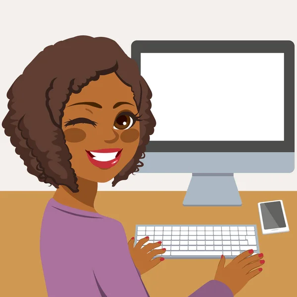 Happy Young African American Woman Using Desktop Computer - Stok Vektor