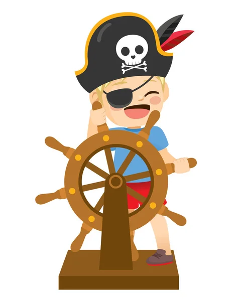 Cute Little Boy Disguised Pirate Costume Holding Wooden Ship Steering — Stock Vector