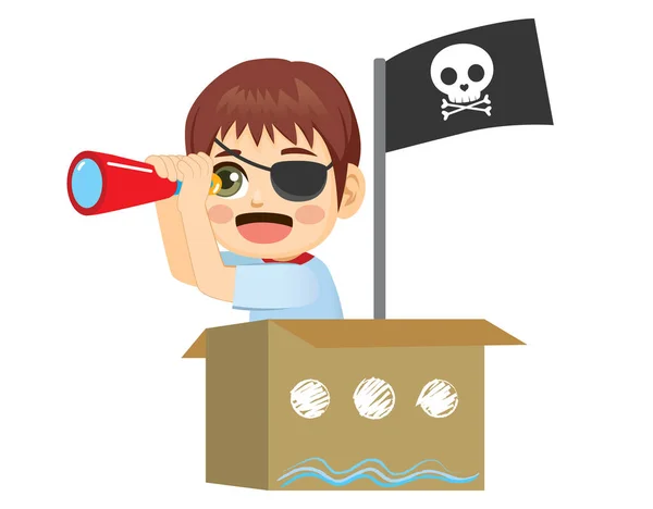 Sailor Pirate Kid Playing Holding Spyglass Cardboard Box Ship Black — Stock Vector