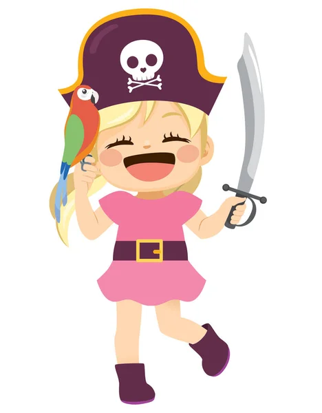 Sweet Happy Pirate Girl Parrot Hand Holding Sword — Stock Vector