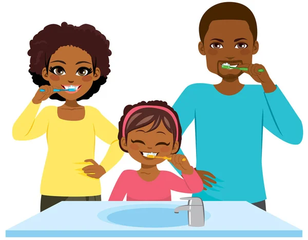 幸せな若い黒の家族は朝のルーチンを一緒に歯を洗う — ストックベクタ