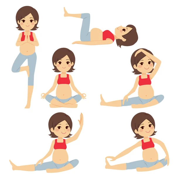 Young Brunette Beautiful Pregnant Woman Set Poses Collection Training Exercising — Stock Vector