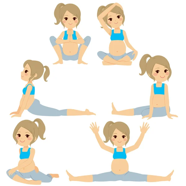 金发碧眼的年轻孕妇摆出收集 训练和锻炼的姿势 — 图库矢量图片