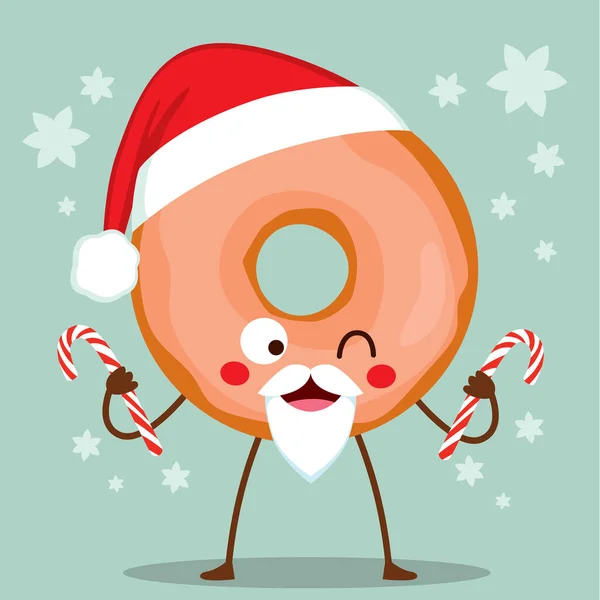Cute Doughnut Character Christmas Santa Claus Hat Glazed Icing Holding — Stock Vector
