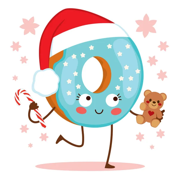 Schattig Donut Karakter Met Kerstman Hoed Blauwe Glazuur Glazuur Met — Stockvector