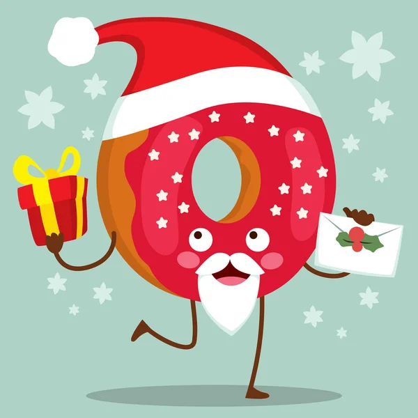Cute Doughnut Character Christmas Santa Claus Hat Red Frosted Icing — Stock Vector