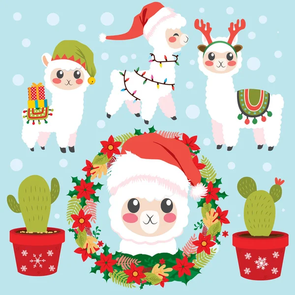 Kerstdecor Elementen Collectie Van Verschillende Grappige Alpaca Met Santa Hoed — Stockvector