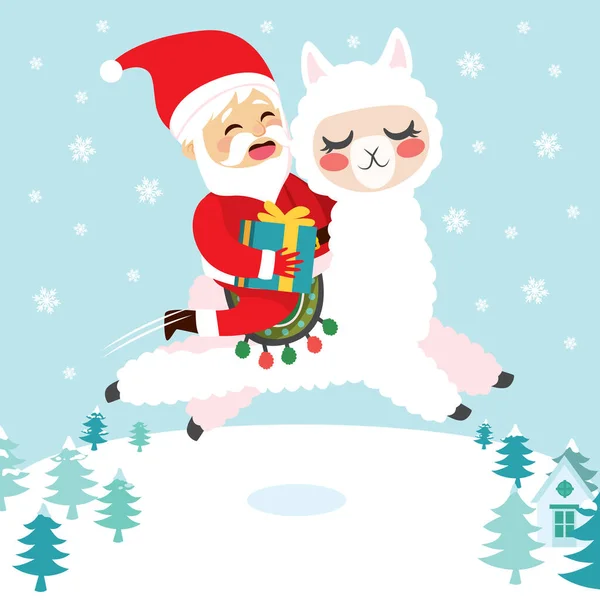 可爱可爱的圣诞老人 手持礼物骑着可爱的羊驼在雪地的背景上飞舞 — 图库矢量图片