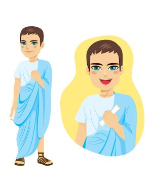 Illustration of commoner roman citizen standing with blue toga and holding papyrus clipart