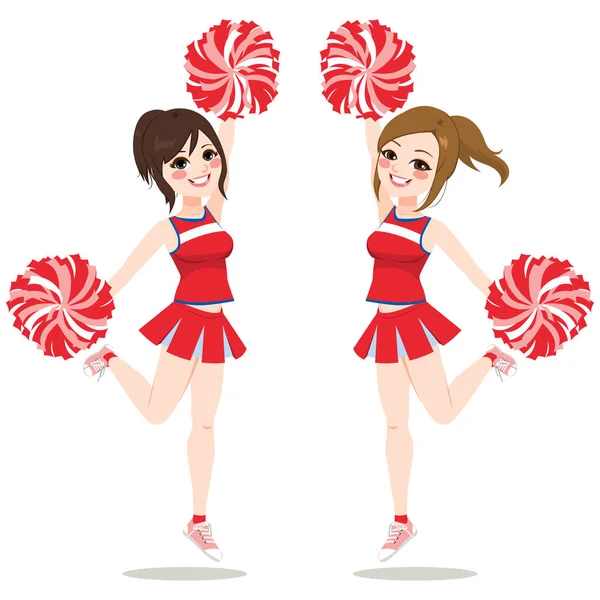 Gelukkig Jong Meisjes Cheerleaders Springen Dansen Samen — Stockvector