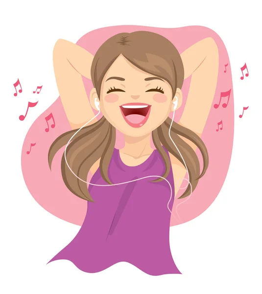Tiener Vrouw Vrolijk Luisteren Naar Muziek Met Witte Oortjes — Stockvector