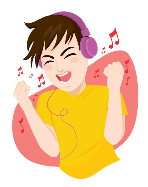 Happy Teenager Man Listening Music Dancing Using Big Headphones — Stock Vector