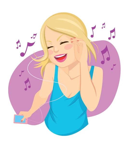 Linda Jovem Loira Ouvindo Música Com Dispositivo Smartphone Dança —  Vetores de Stock