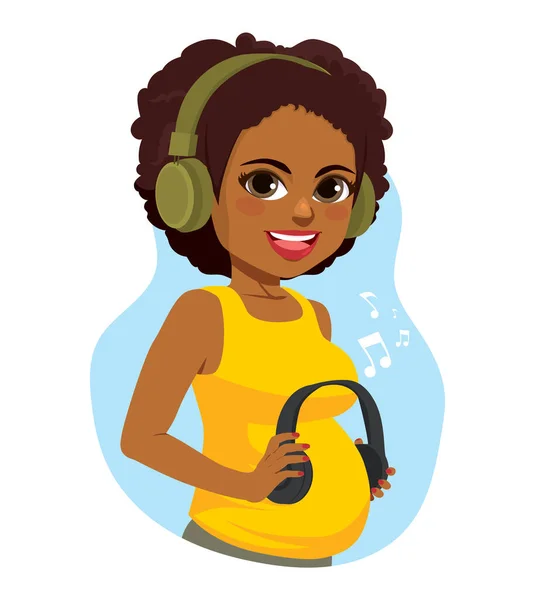 Hermosa Mujer Embarazada Negra Sosteniendo Auriculares Vientre Mientras Disfruta Música — Vector de stock