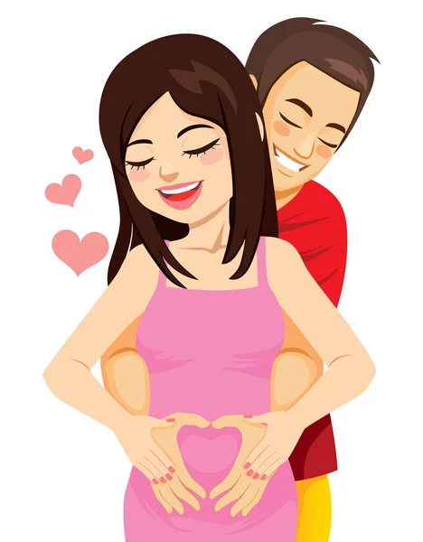 Happy Parents Couple Making Heart Love Symbol Hands Belly Pregnant — Stock Vector