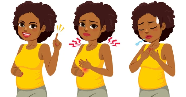 Glad Vacker Afro Svart Gravid Kvinna Tre Olika Åtgärder Pekar — Stock vektor