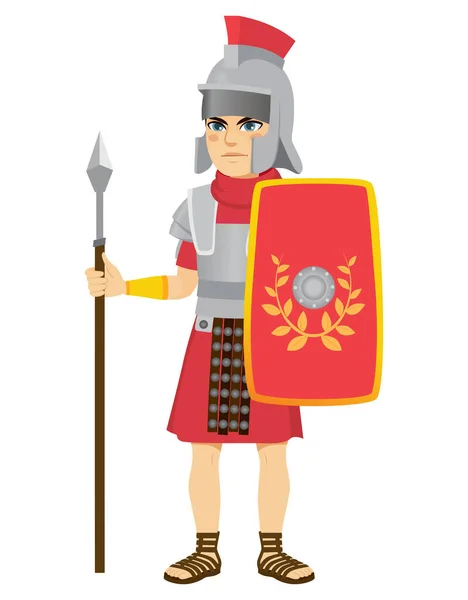 Roman Legionary Soldier Holding Long Spear Shield — Stock Vector
