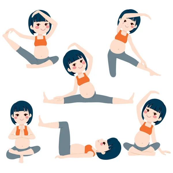 Young Asian Beautiful Pregnant Woman Set Poses Collection Training Exercising — Stock Vector