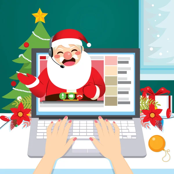 Female Hands Using Laptop Computer Making Video Call Santa Claus — Stock Vector