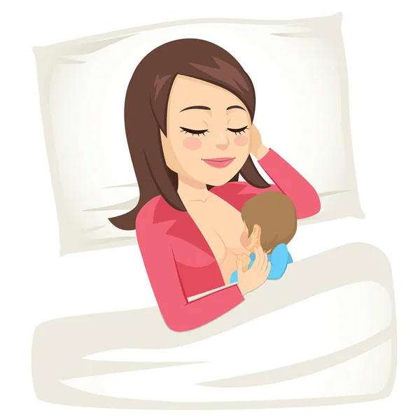 Young Mom Breastfeeding Little Newborn Baby Lying Resting Bed — Stock Vector