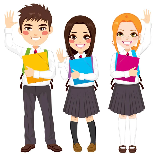 Young Group Happy Teenager Students Standing Waving Hands Holding Folder — Stock Vector