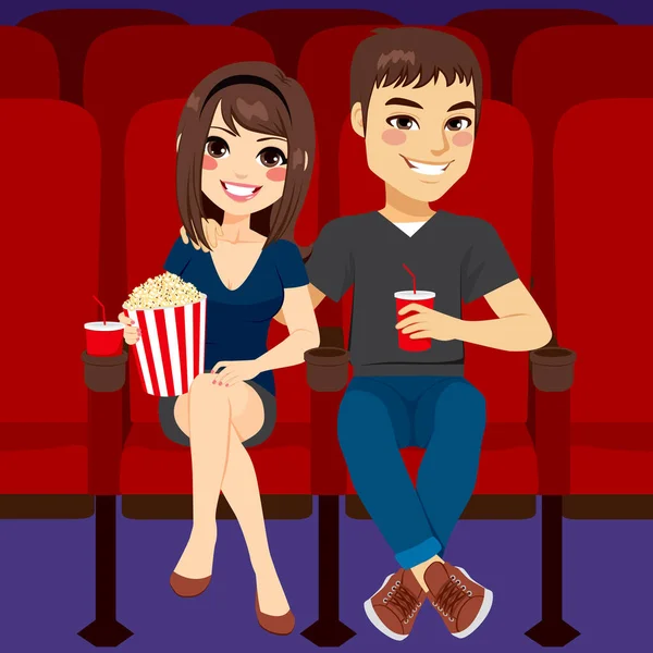 Fiatal Pár Együtt Randiznak Moziban Filmet Néznek Popcornt Esznek Isznak — Stock Vector