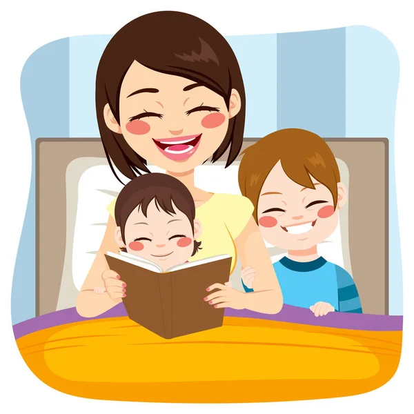 Young Mom Reading Tale Story Baby Girl Son Together Bed — Stock Vector