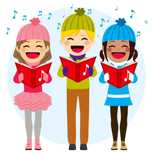 Çocukların Noel Şarkıları Söylemesinin Düz Renkli Çizimi — Stok Vektör