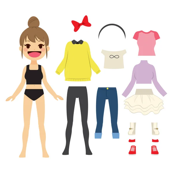 Cute Paper Doll Girl Set Clothes Accesories — Stock Vector
