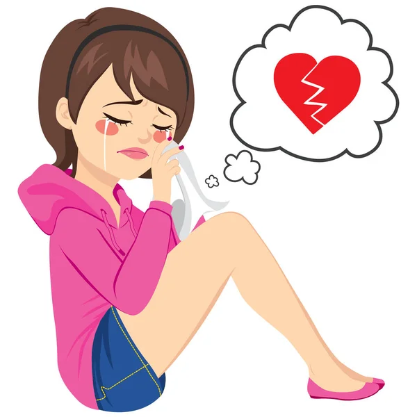 Young Sad Woman Crying Sitting Floor Broken Heart Speech Balloon — Stock Vector