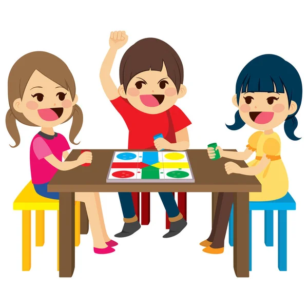 Three Happy Friends Kids Sitting Playing Board Game — Stock Vector