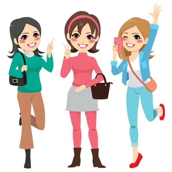 Lindas Chicas Felices Amigos Con Ropa Moda Divertirse — Vector de stock