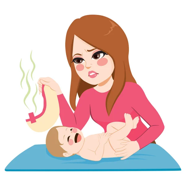 Νεαρή Μητέρα Αλλάζει Βρωμερή Πάνα Χαριτωμένο Χαμογελαστό Μωρό — Διανυσματικό Αρχείο