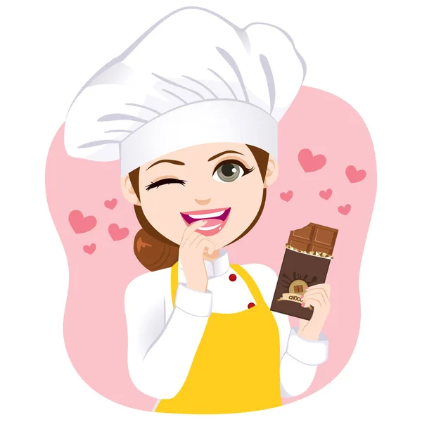 Joven Hermosa Mujer Chef Sosteniendo Mordido Chocolate Barra Concepto Tentación — Vector de stock