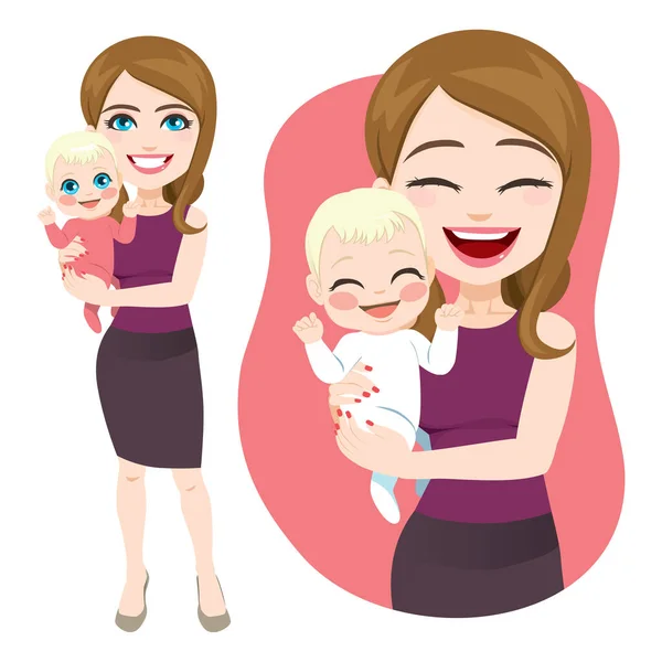 Jong Mooi Moeder Holding Haar Schattig Pasgeboren Baby Familie Concept — Stockvector