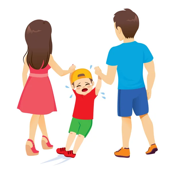 Back View Parents Dragging Rebellious Crying Child — Stock Vector