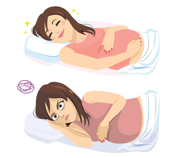 Divertida Situación Dos Acciones Dormir Mujer Embarazada Feliz Soñando Triste — Vector de stock