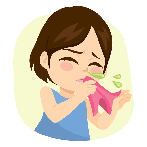 Doce Menina Espirrando Segurando Lenço Com Corrimento Nasal Muco Verde — Vetor de Stock