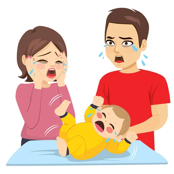 Δύο Νέοι Κουρασμένοι Γονείς Απελπισμένοι Μωρό Κλαίει — Διανυσματικό Αρχείο