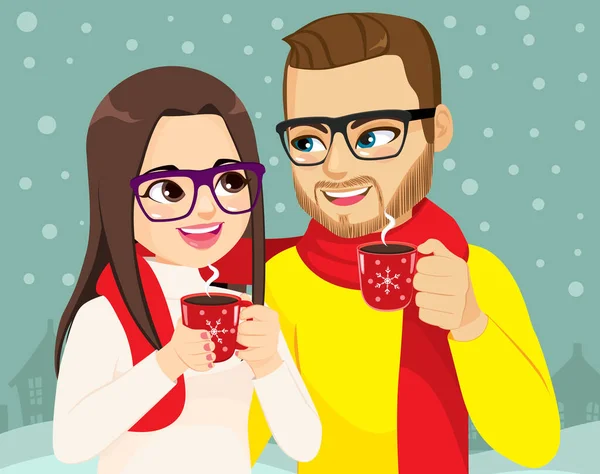 Casal Natal Tempo Inverno Segurando Caneca Cacau Quente — Vetor de Stock