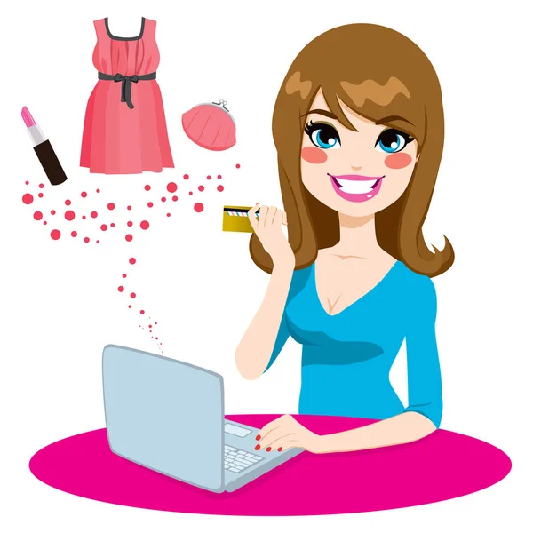 Schöne Frau Kauft Online Mit Einem Laptop Ein Paar Modeartikel — Stockvektor