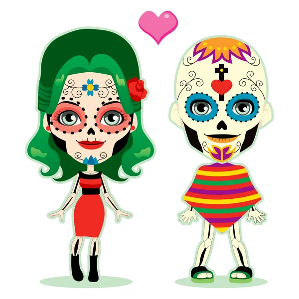 Ölümsüz Çift Geleneksel Kostümle Meksika Dili Los Muertos Kutluyor — Stok Vektör