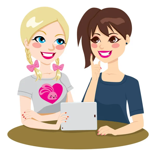 Két Gyönyörű Tizenéves Lány Barátok Böngészés Interneten Egy Tabletta Számítógép — Stock Vector