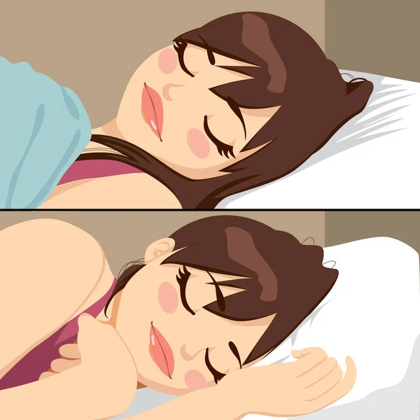 Hermosa Mujer Morena Durmiendo Tranquilamente Dos Poses Diferentes — Vector de stock