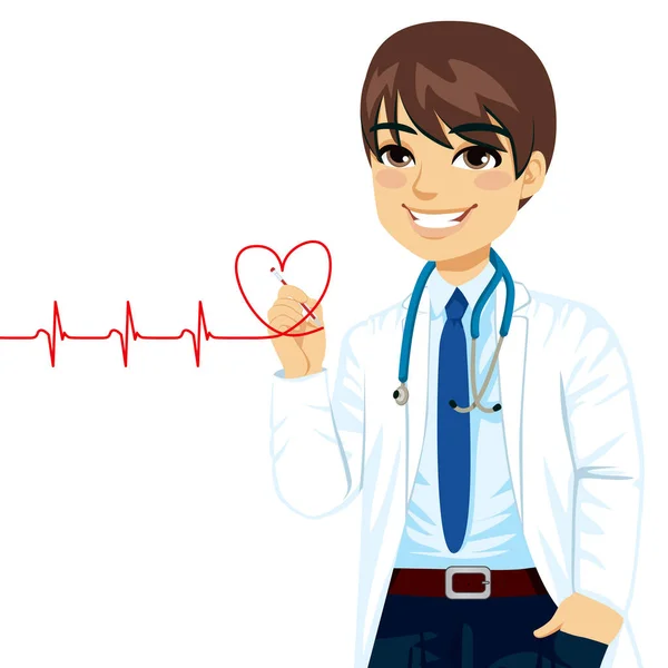 Dokter Menggambar Jantung Merah Elektrokardiogram Dengan Pena Layar Virtual - Stok Vektor