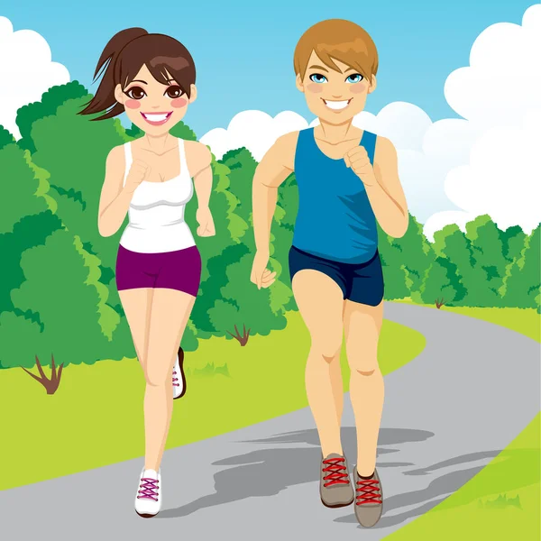 Illustration Eines Gesunden Jungen Joggingpaares Beim Fröhlichen Laufen Park — Stockvektor