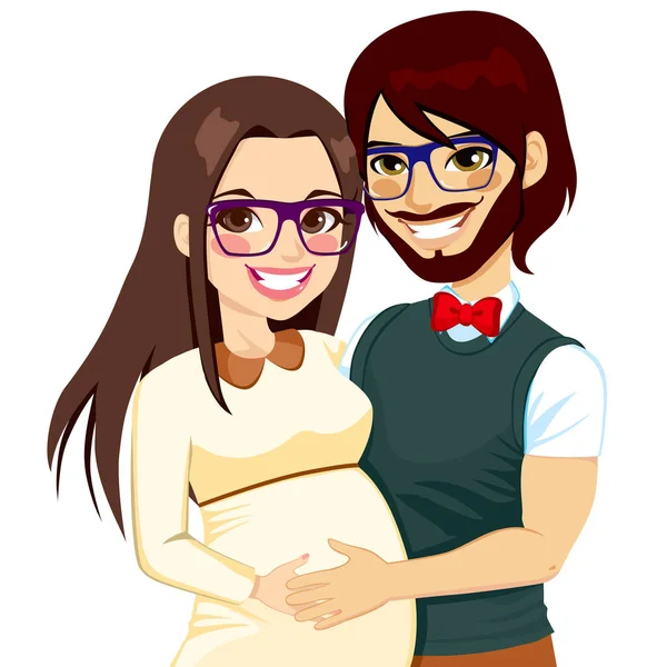 Young Hipster Family Man Touching Belly His Pregnant Wife Full — Stock Vector